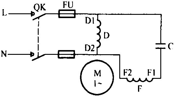 二十六、电容式单相异步电动机单方向运行的接线